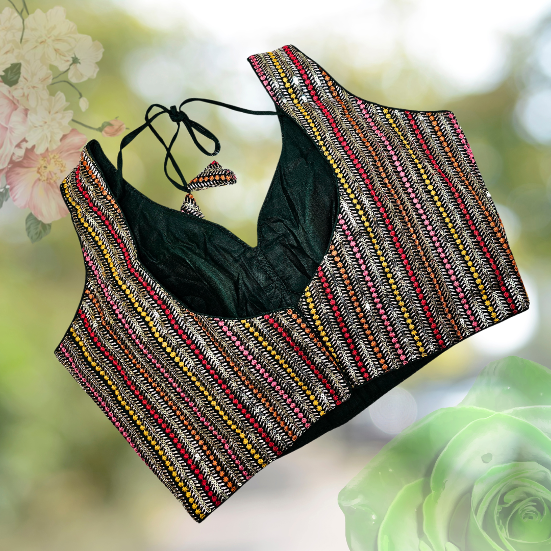 Dark Green Multithread Partywear Sweetheart Neck Blouse - Image 2