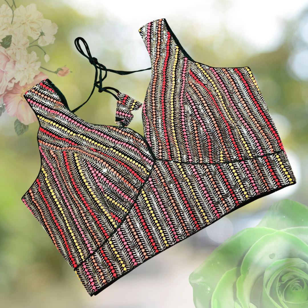 Dark Green Multithread Partywear Sweetheart Neck Blouse