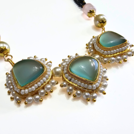 Long mangalsutra with pastel shade and pink beads, black bead chain, and lightweight design