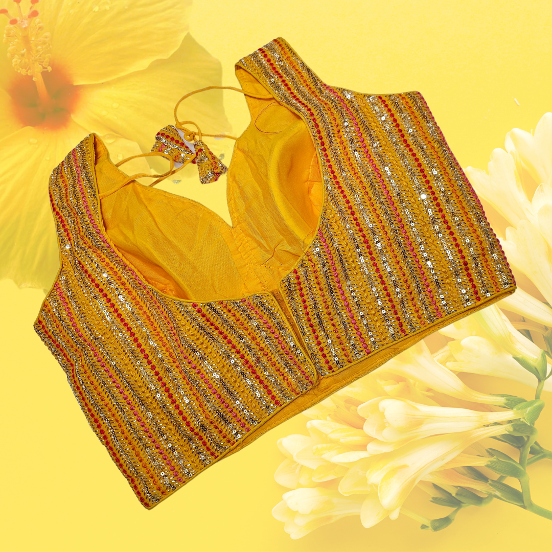 Yellow Multithread Partywear Sweetheart Neck Blouse - Image 2