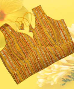 Yellow Multithread Partywear Sweetheart Neck Blouse
