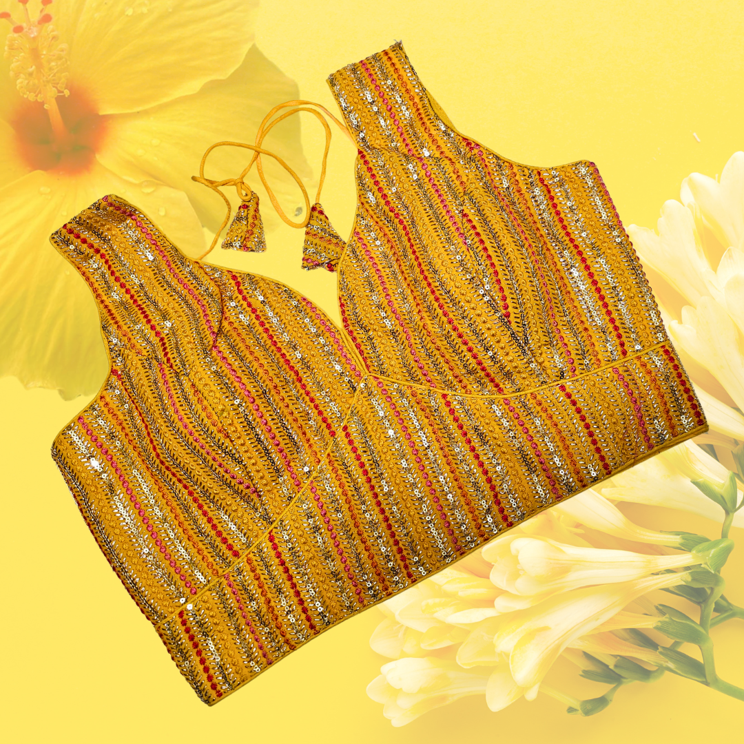 Yellow Multithread Partywear Sweetheart Neck Blouse