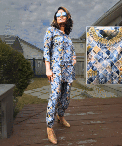 Soft Silk Blue-Gold Pattern Co-ord Set