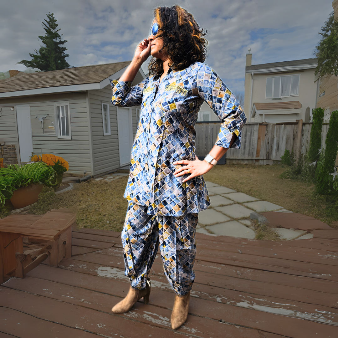 Soft Silk Blue-Gold Pattern Co-ord Set - Image 2