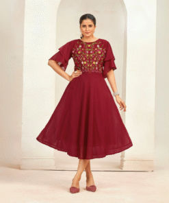 Flared Georgette Dress with Elegant Floral Embroidery - RED