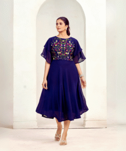 Flared Georgette Dress with Elegant Floral Embroidery - ROYAL BLUE