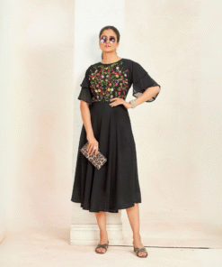 Flared Georgette Dress with Elegant Floral Embroidery - BLACK