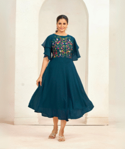 Flared Georgette Dress with Elegant Floral Embroidery - TEAL