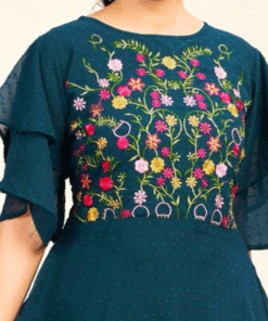 Alternative view of Flared Georgette Dress with Elegant Floral Embroidery - TEAL