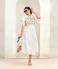 Flared Georgette Dress with Elegant Floral Embroidery - WHITE