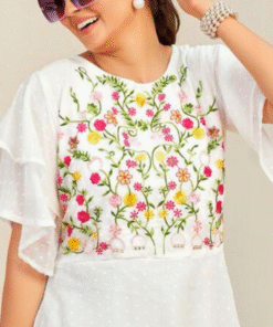 Alternative view of Flared Georgette Dress with Elegant Floral Embroidery - WHITE