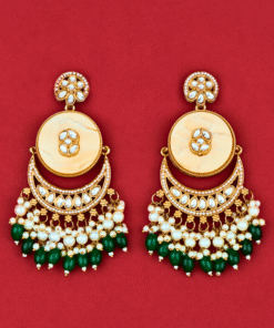 Alternative view of Indo-Western Chand-Style Mother of Pearl Earrings with Mehndi Plating - GREEN