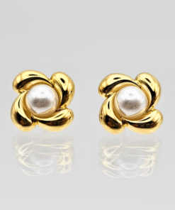 Alternative view of Statement Flower Design Earrings with Pearl Center | Gold Finish & Anti-Tarnish Coating