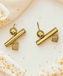 Geometric Statement Earrings with Sphere, Cylinder & Cube Design | Gold Finish & Anti-Tarnish