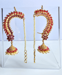 Pearl & Pink Stone Earcuff Jhumka with Attached Pearl Chain