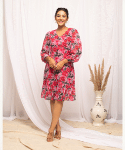 Elegant Pink Western Dress with Red Floral Print