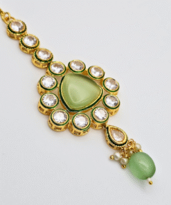 Alternative view of Antique Meenakari Maang Tikka with Light Green Moti Dangle