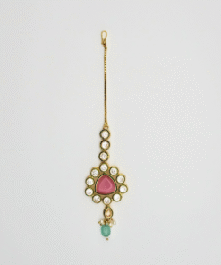 Antique Meenakari Maang Tikka Pink with Light Green Moti Dangle