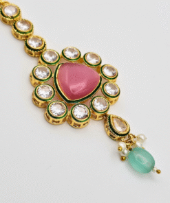 Alternative view of Antique Meenakari Maang Tikka Pink with Light Green Moti Dangle
