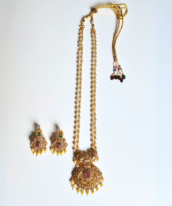 Gold Pearl Necklace Set with Red & Green Gem Stones