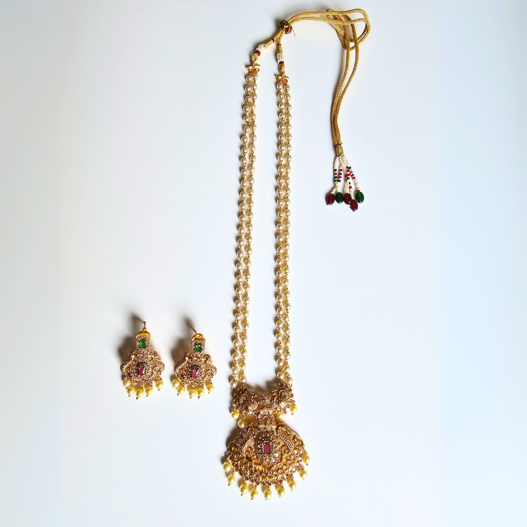 Gold Pearl Necklace Set with Red & Green Gem Stones