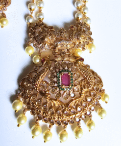 Alternative view of Gold Pearl Necklace Set with Red & Green Gem Stones