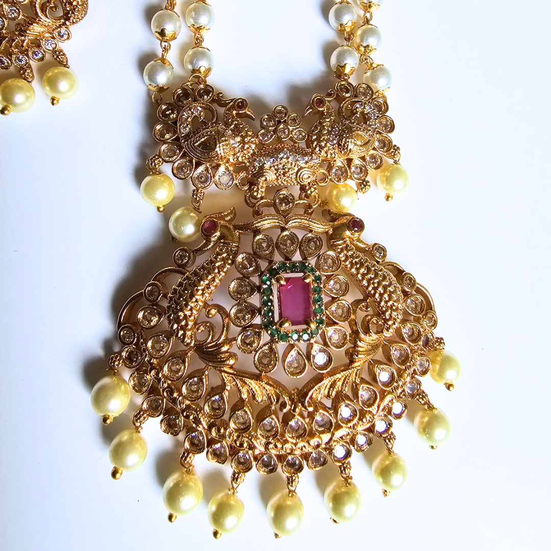 Gold Pearl Necklace Set with Red & Green Gem Stones - Image 2