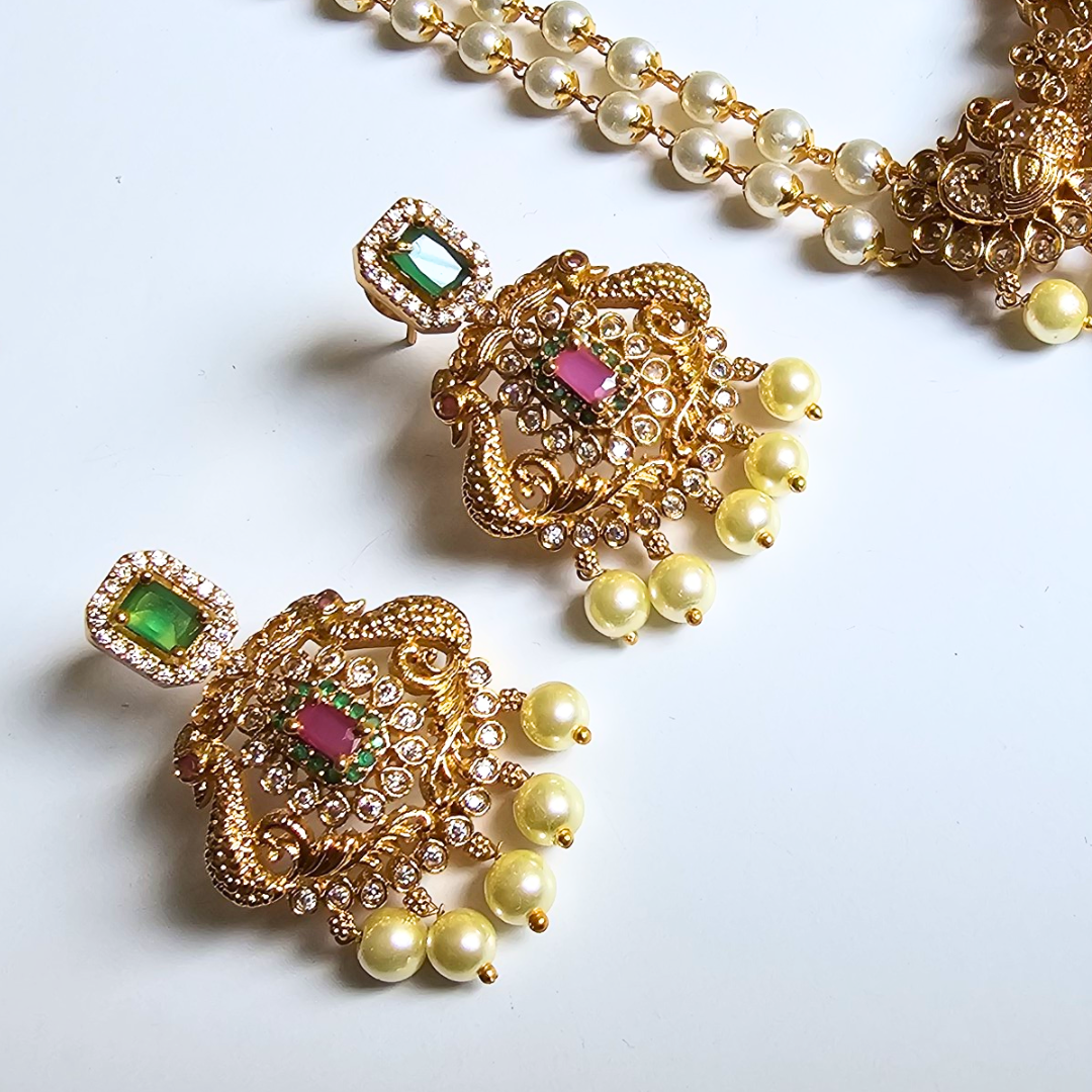 Gold Pearl Necklace Set with Red & Green Gem Stones - Image 4