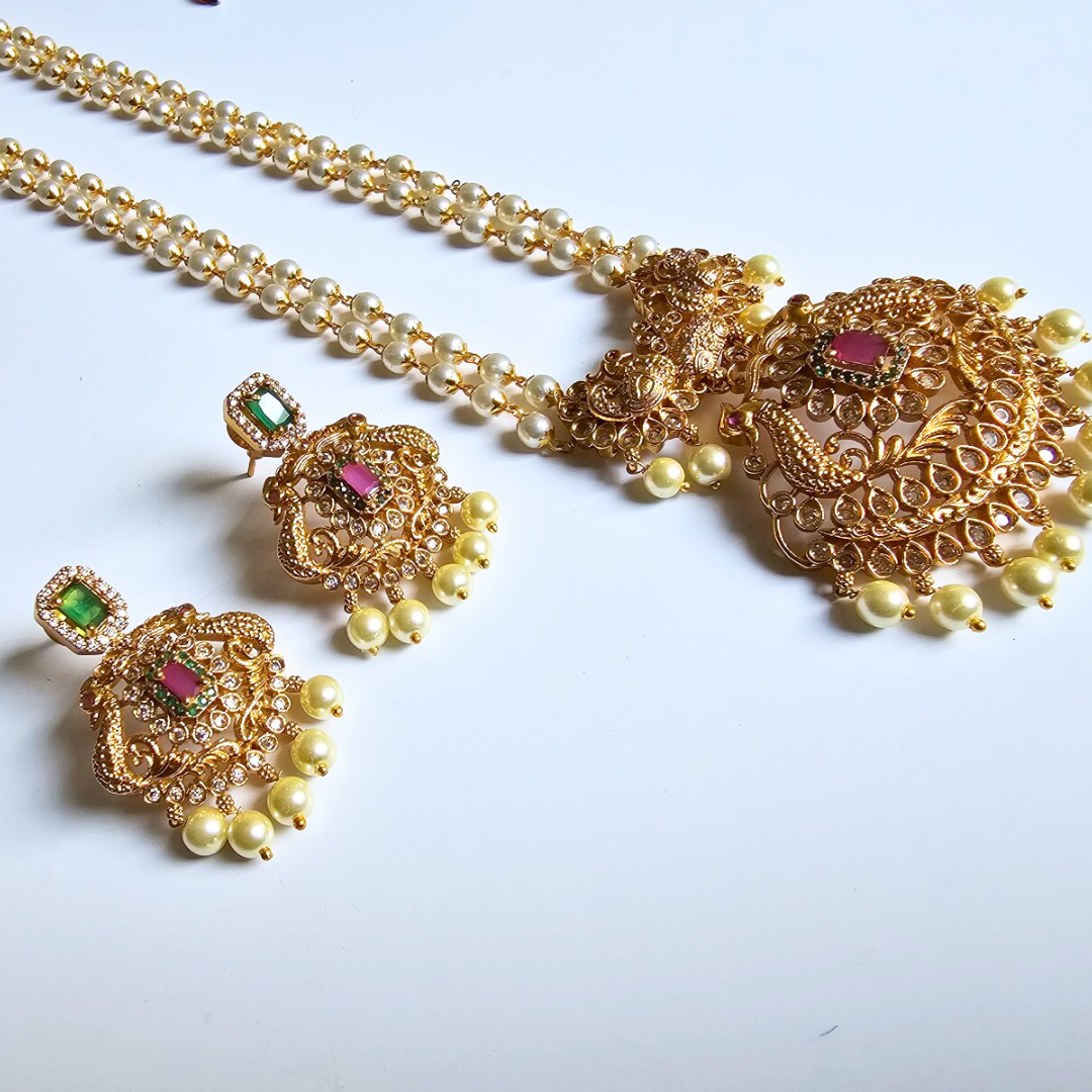 Gold Pearl Necklace Set with Red & Green Gem Stones - Image 3