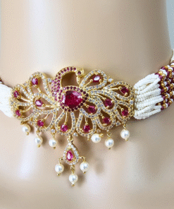 Alternative view of Peacock Pendant Pearl Necklace Set with Red Stones