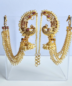 Peacock Design Pearl Earcuff Jhumka with Attached Pearl Chain & Triple Hair Chains