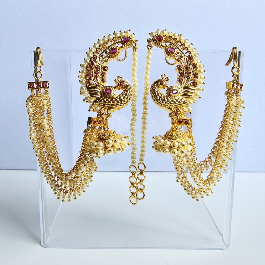 Peacock Design Pearl Earcuff Jhumka with Attached Pearl Chain & Triple Hair Chains