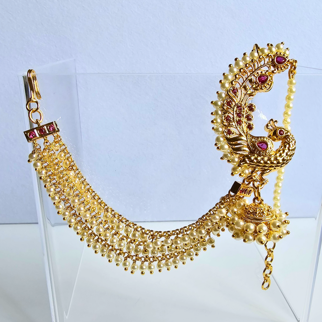 Peacock Design Pearl Earcuff Jhumka with Attached Pearl Chain & Triple Hair Chains - Image 3