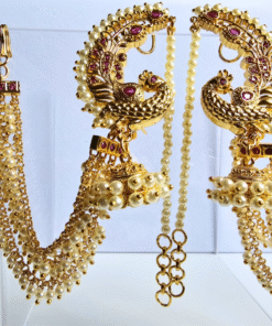 Alternative view of Peacock Design Pearl Earcuff Jhumka with Attached Pearl Chain & Triple Hair Chains