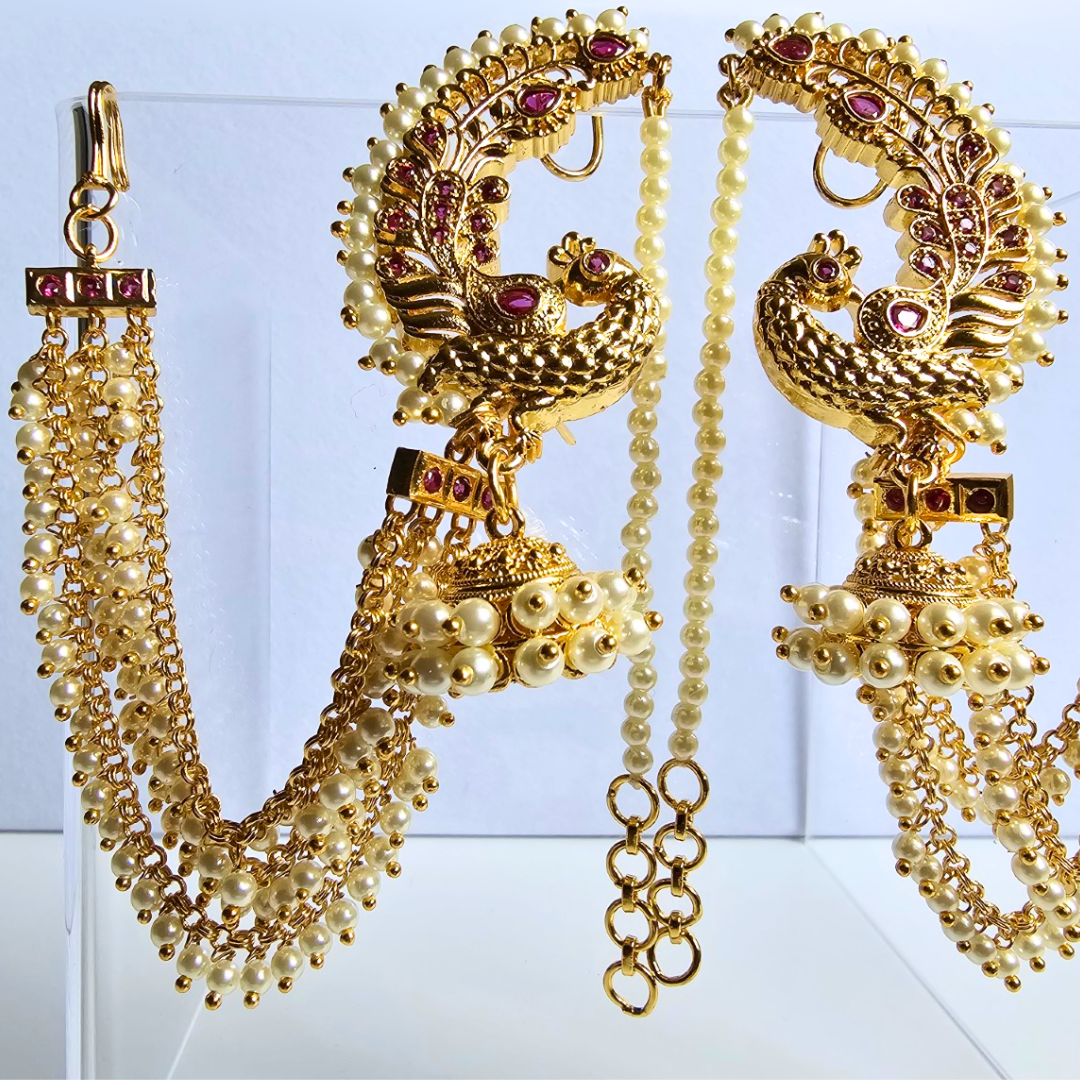 Peacock Design Pearl Earcuff Jhumka with Attached Pearl Chain & Triple Hair Chains - Image 2