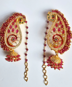 Red Stone Leaf Design Earcuff Jhumka with Chain – Gold Finish