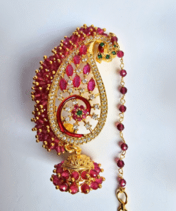 Alternative view of Red Stone Leaf Design Earcuff Jhumka with Chain – Gold Finish