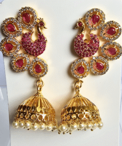 Peacock Jhumka Earrings with Red Stones & Dangling Pearls