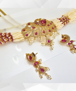 Peacock Pendant Pearl Necklace Set with Red Stones