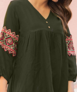Alternative view of Rayon Wrinkle Printed Top – DARK GREEN