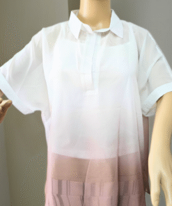 White & Light Brown Silk Seethrough Top with Collar