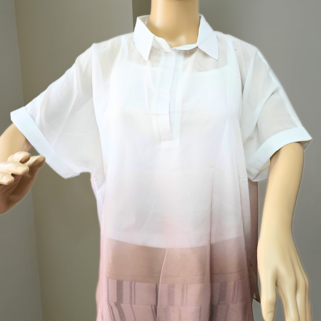 White & Light Brown Silk Seethrough Top with Collar