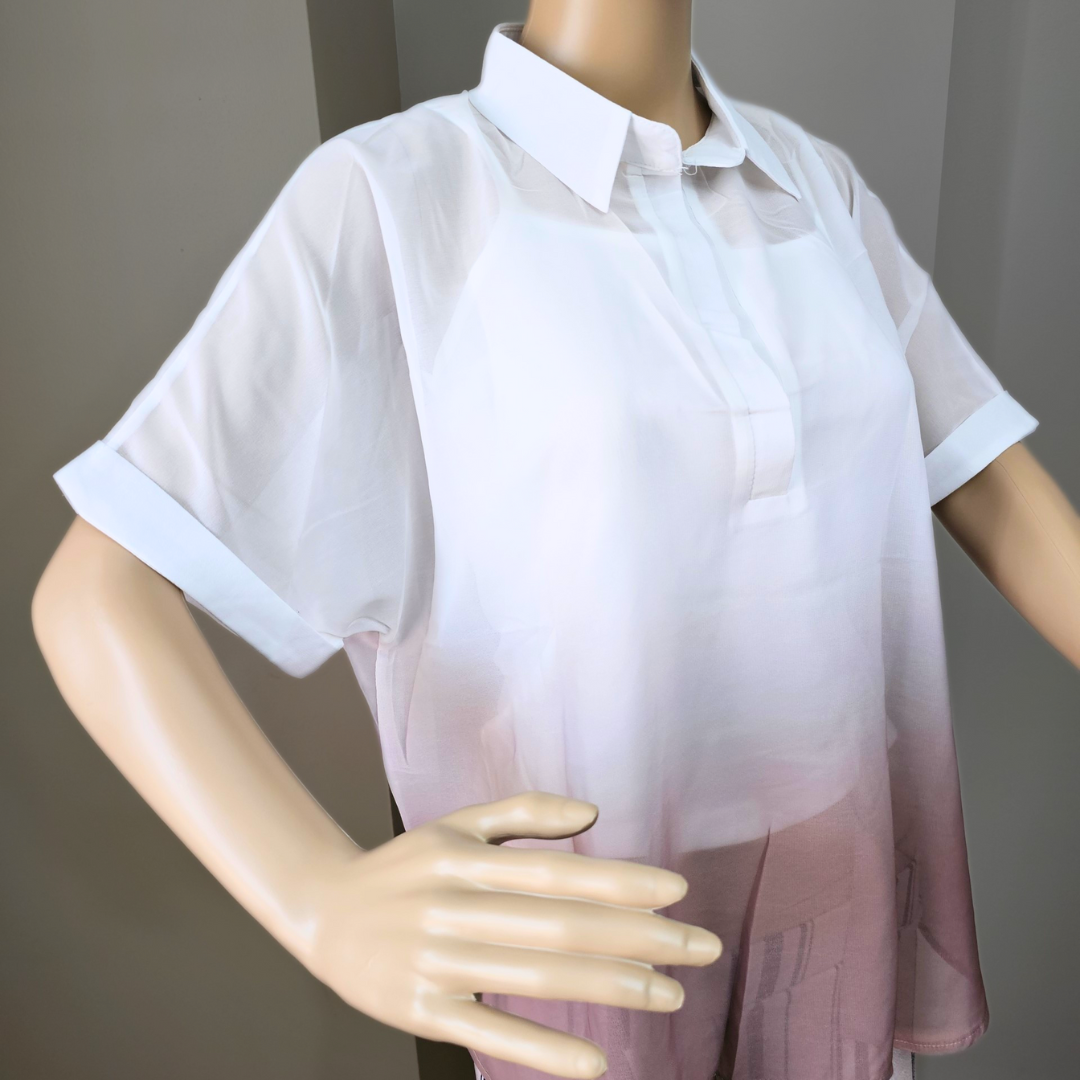 White & Light Brown Silk Seethrough Top with Collar - Image 2