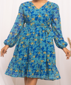 Alternative view of Elegant Light Blue Western Dress with Blue Floral Print