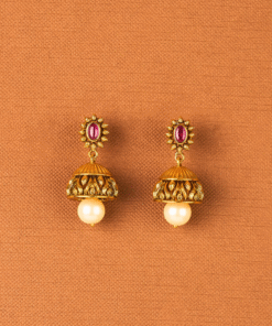 Alternative view of Antique Jhumki with Matte Gold Plating - RUBY