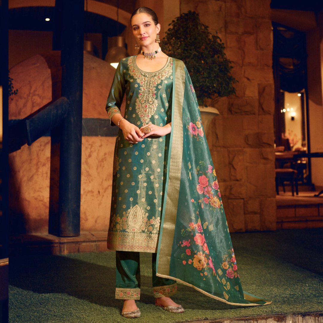 Jade Green Banarasi Jacquard Silk Salwar Kameez Set – With Golden Embroidery & Dupatta