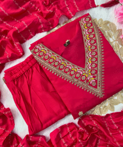 Alternative view of Flame Scarlet Roman Silk Embroidered Kurti Set with Bottom & Dupatta