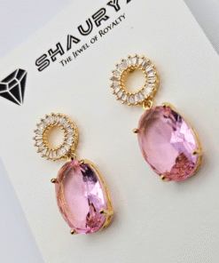 Alternative view of Pink Oval Diamond Dangler Earrings – 18K Gold Plated with Anti-Tarnish Finish