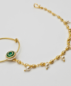 Kundan Pressing Nose Ring with Gold Plating - GREEN