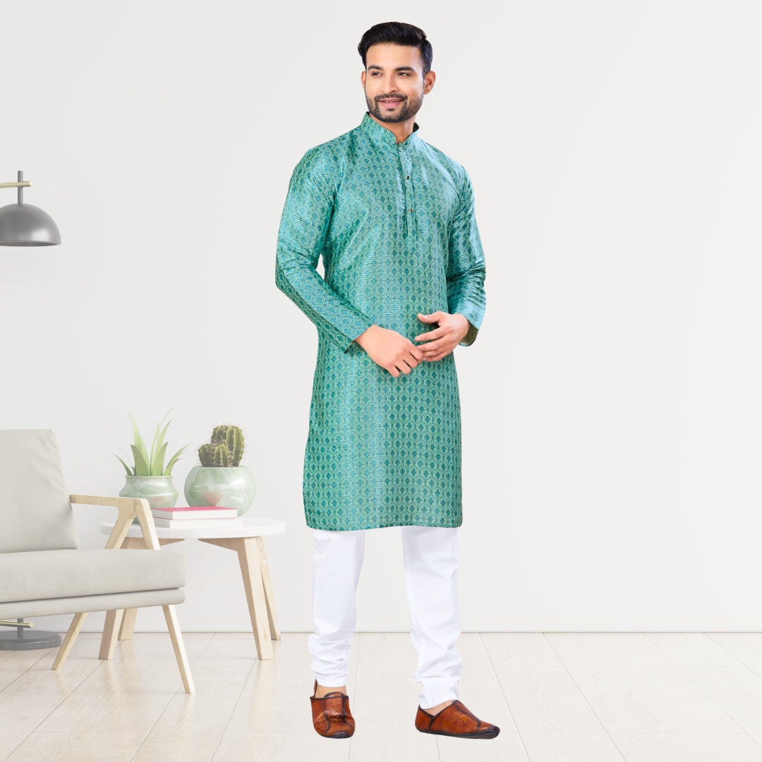 Green Jequard Silk Digital Printed Kurta Pajama Set